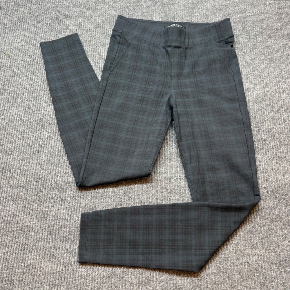 Liverpool Plaid Skinny Pants Womens 6/28 Blue Check Stretch Career Ankle